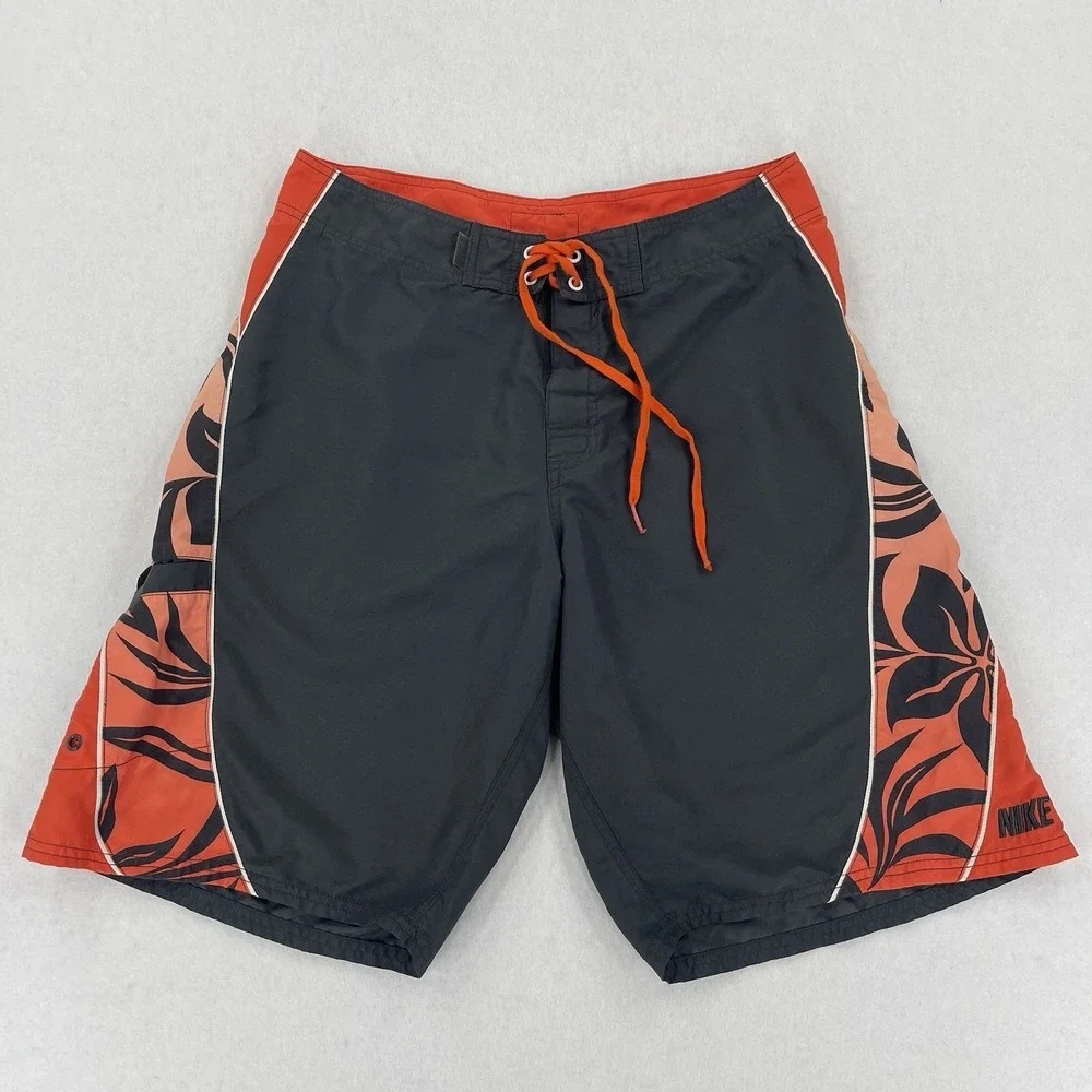 Vintage Y2K Nike Board Shorts Mens 32 Gray Orange Floral Surf Skater Swim Retro